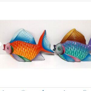 2x Talavera Pottery Fish Purple Pink Blue Mexico Signed Folk Art Wall Decor Set